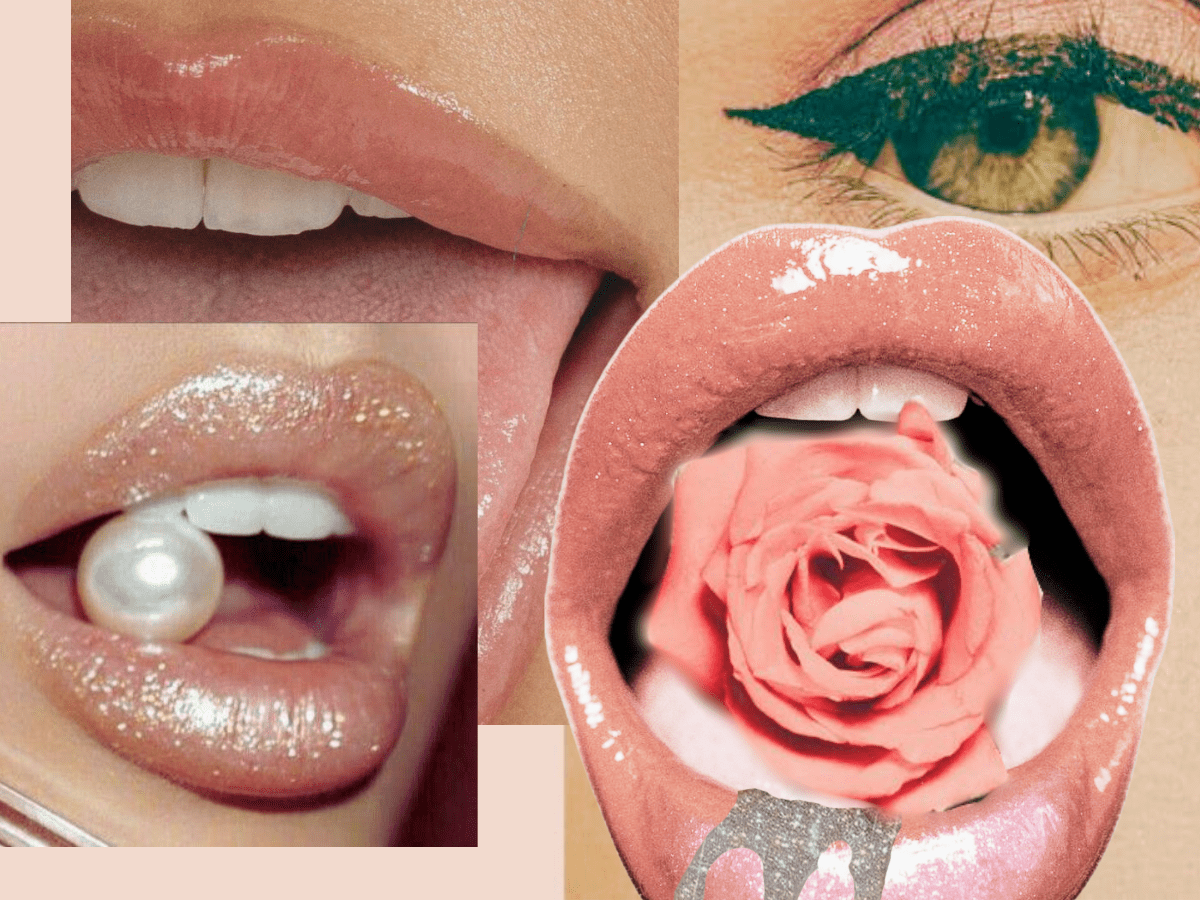 Collage of mouths and lips in soft hues, symbolizing oral beauty, detox, and the sensory ritual of oil pulling.